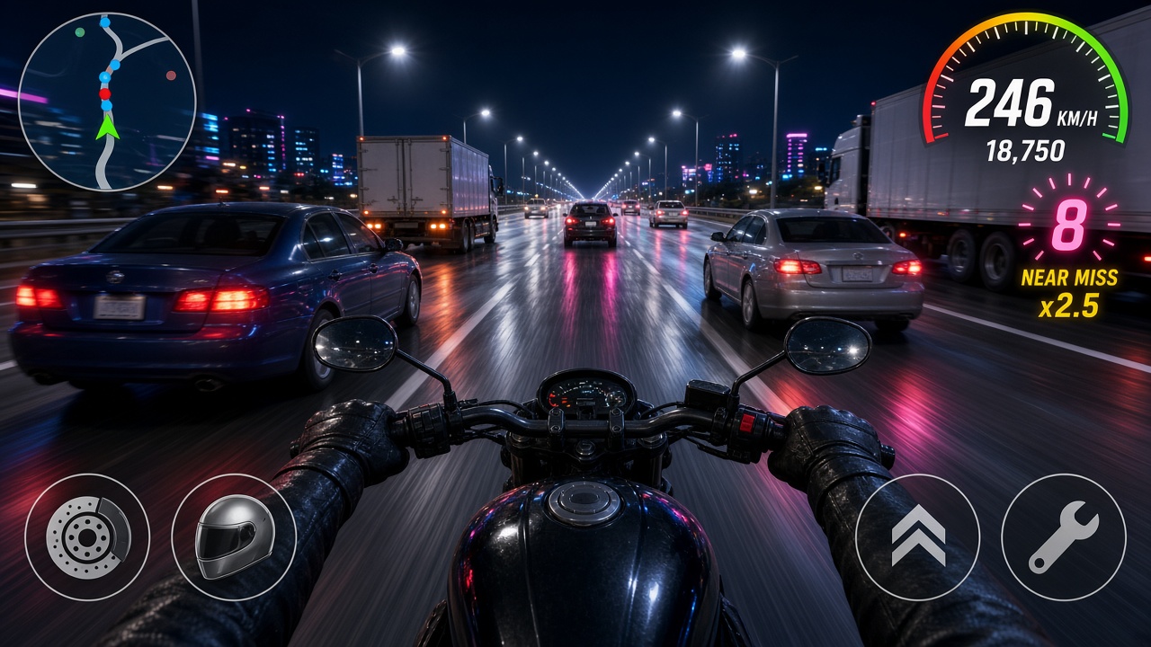 Highway Rider mobile game gameplay from the rider seat: a motorcycle entering crowded night highway traffic at high speed.