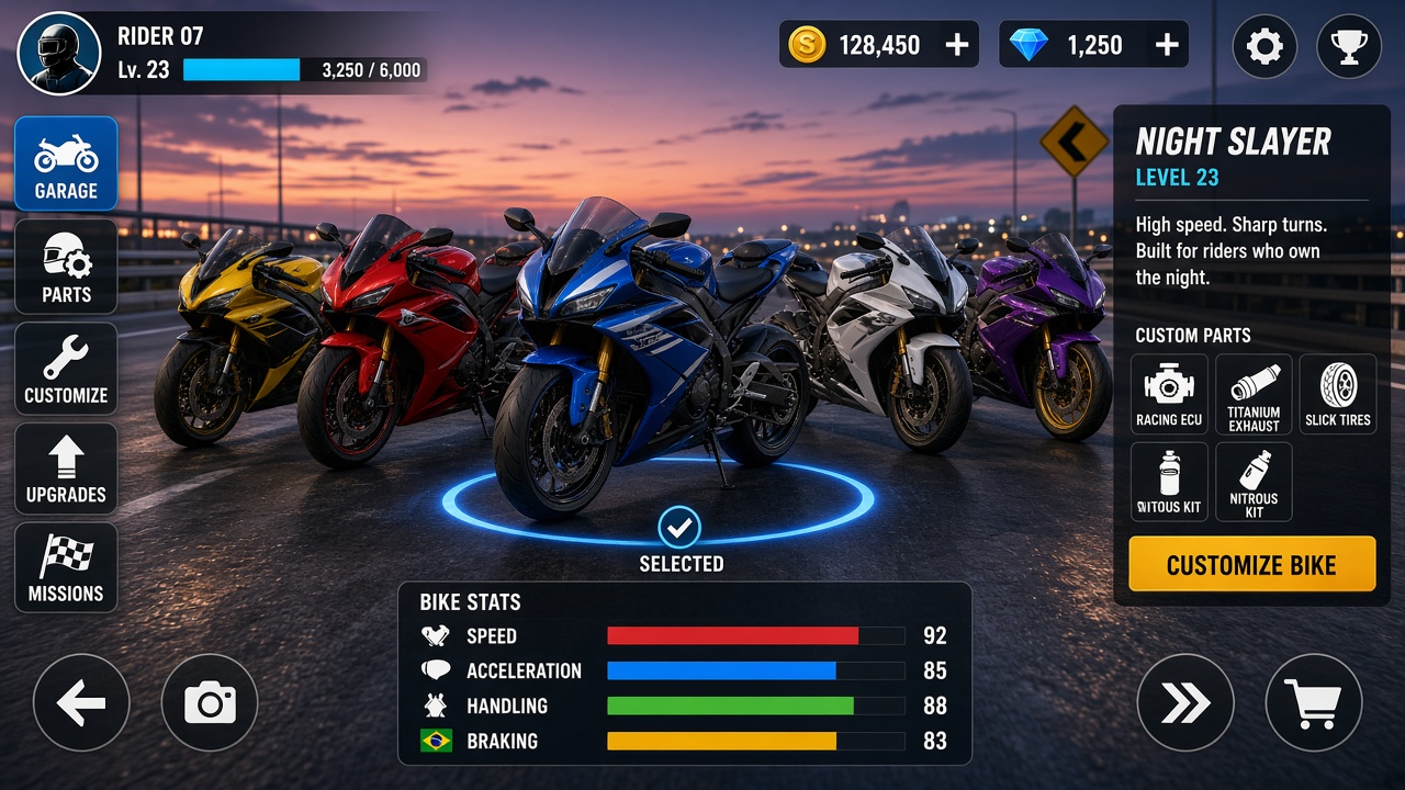 Highway Rider mobile game gameplay showing unique motorcycles with different speed, acceleration and handling ready for a highway run.
