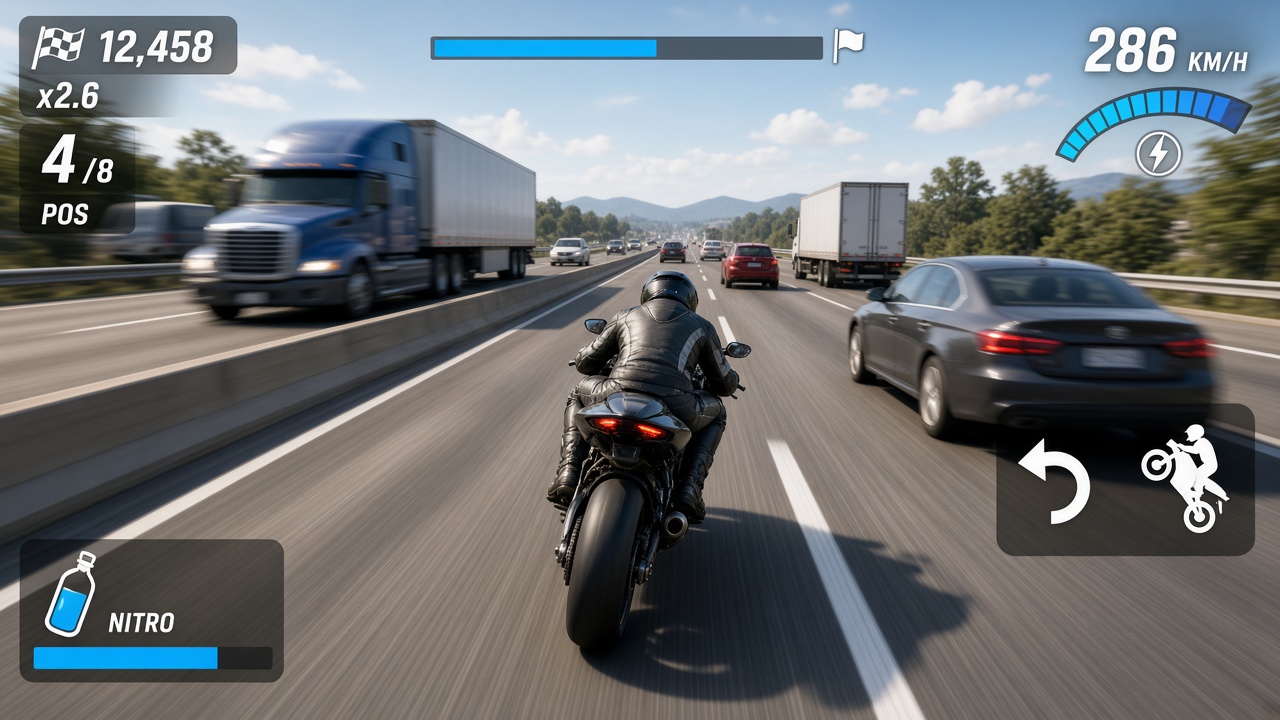 Highway Rider mobile game gameplay: a motorcycle weaving through dense highway traffic at high speed, chasing a new record.