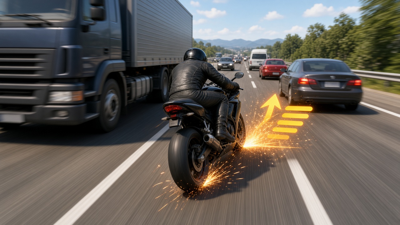 Highway Rider mobile game gameplay of a risky close overtake between cars and trucks on a packed highway for extra score.