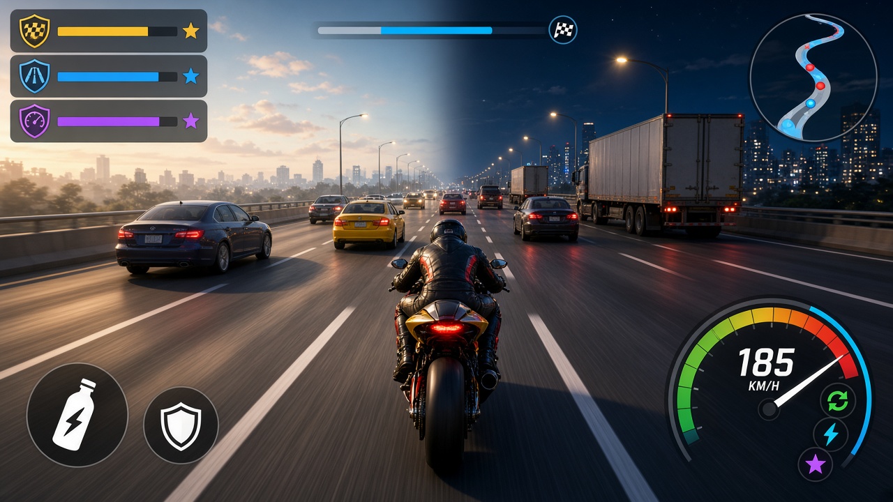 Highway Rider mobile game gameplay of an upgraded custom motorcycle racing through mixed day and night highway traffic.