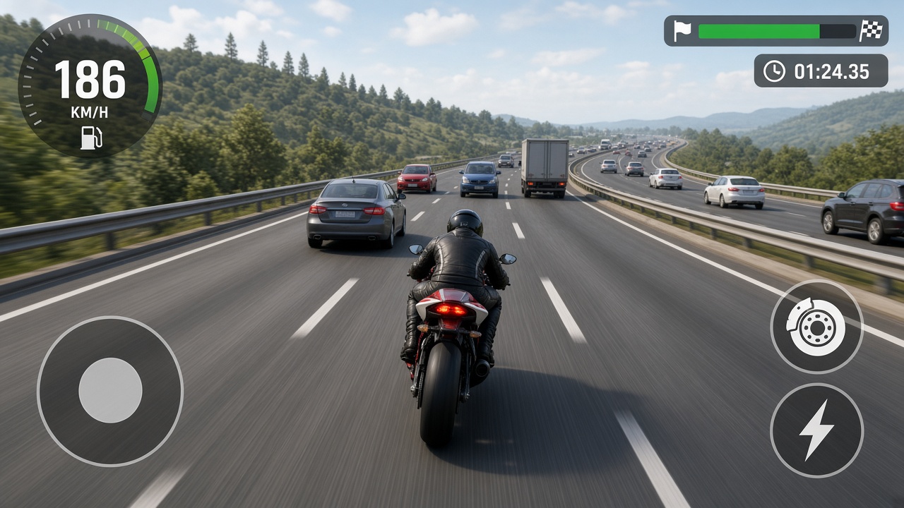 Highway Rider mobile game gameplay of simple motorcycle controls weaving between cars on a busy highway in a distance race.